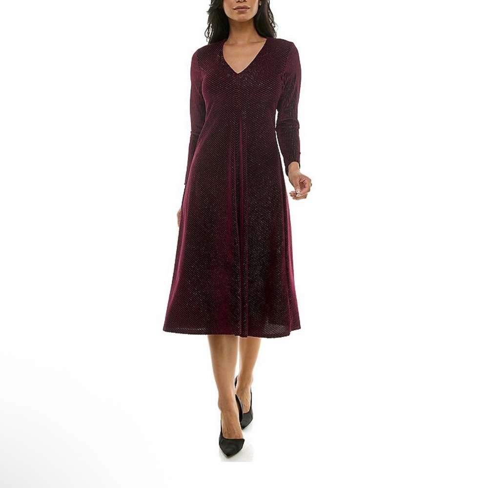 Madison Tara Long Sleeve Textured V Neck A Line Midi Dress Size 8